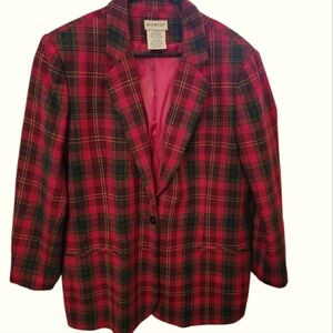 Vintage wool blend blazer red tartan plaid 3/4 sleeves 2 button closure women 16